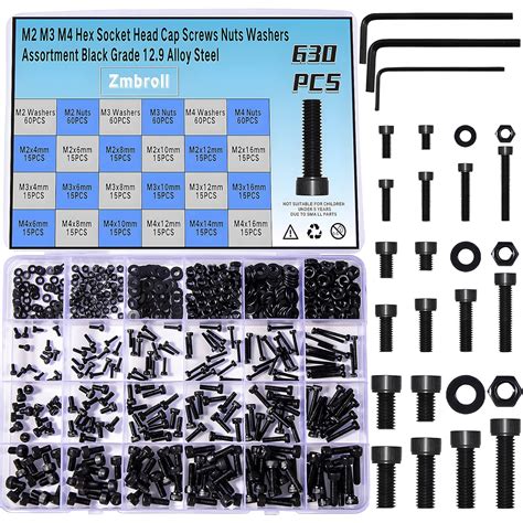 Amazon | Zmbroll内六角円筒頭ねじ黒色ボルトナットワッシャ630枚M 2 M 3 M 4 12.9級合金鋼内六角凹頭機ねじフル ...