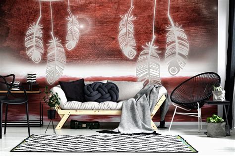 Printed Feathers Hanging On Red Gradient Wall Wall-cover – Myindianthings