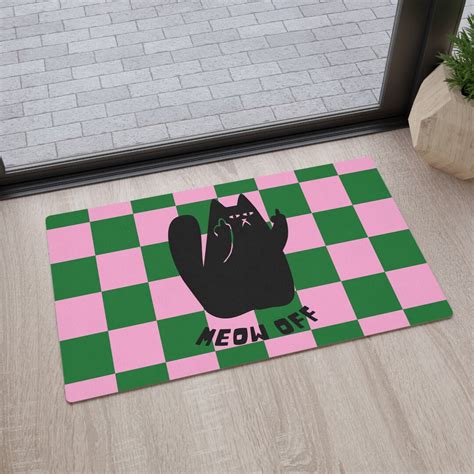 Checkered Funny Cat Floor Mat, Black Cat Pointing Middle Finger Says ...