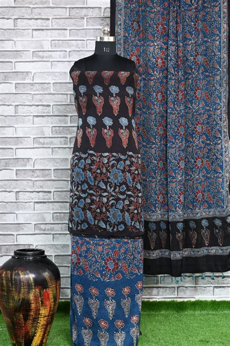 Black Indigo Unstitched Modal Silk Ajrakh Print Suit~House Of Elegance ...