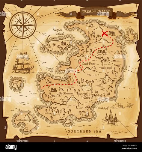 Map treasures paper parchment, pirate treasury, vector nautical travel ...