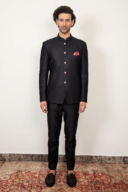 Buy Black Chanderi Silk Embroidered Chikankari Bandhgala Set For Men by ...