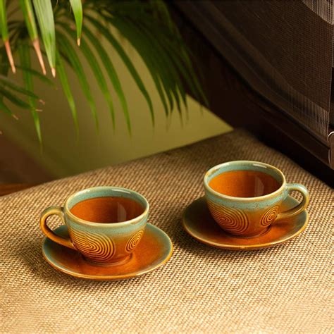 Buy ExclusiveLane 'Peacock Boulevard' Hand-Engraved Ceramic Tea Cups ...