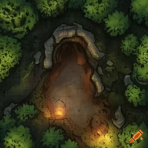 Epic dnd battlemap with a forest and a cave entrance on Craiyon