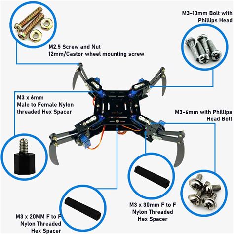 Quadruped Spider Robot DIY Kit with 4 Legs- Acrylic Parts, Nuts, Bolts ...