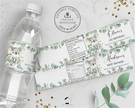 Koala Water Bottle Labels, EDITABLE TEMPLATE, Eucalyptus Greenery ...