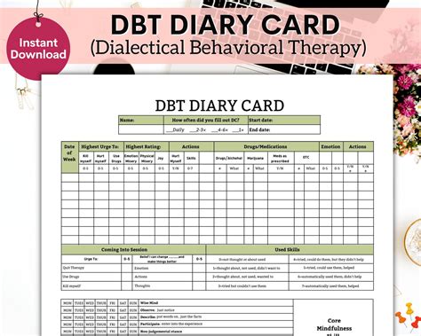 Dbt Diary Card DBT Cards Cbt Worksheets Dialectical - Etsy