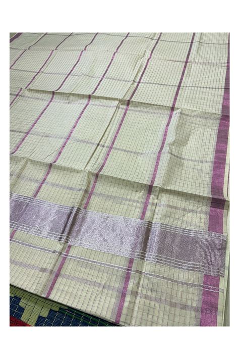 Pure Cotton Kerala Saree with Rose Copper Kasavu Check Designs Across ...