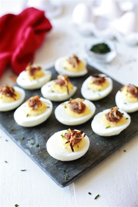Deviled Eggs topped with Bacon Marmalade and Crispy Onions | Tangled ...