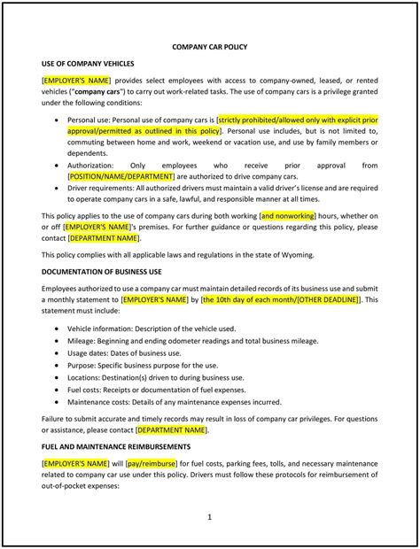 Company car policy (Wyoming): Free template