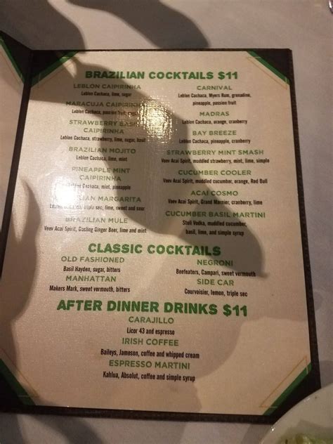 Menu at Green Field Churrascaria steakhouse, Long Beach