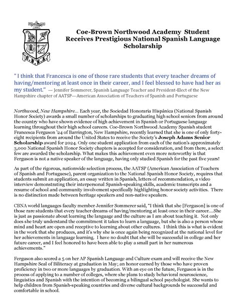 CBNA Student Recieves National Spanish Language Scholarship - Coe-Brown ...