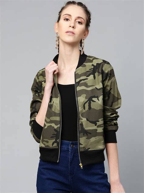 Buy Women Green Camouflage Bomber Zipper Jacket Online At Best Price ...