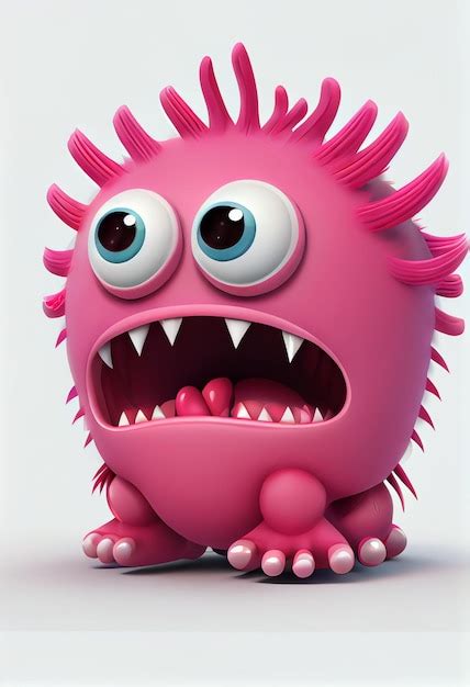 A pink monster with a pink face and big eyes is sitting on a white ...