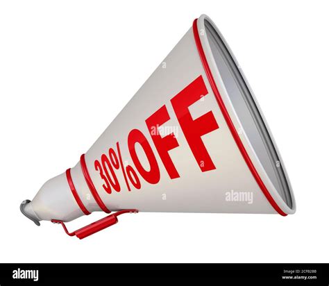 Discount of thirty percentage. White megaphone labeled with red text 30 ...
