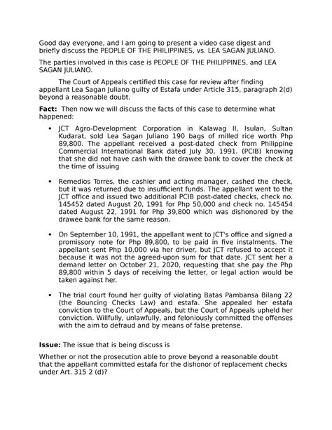 Estafa Case Digest - none - Good day everyone, and I am going to present a video case digest and ...