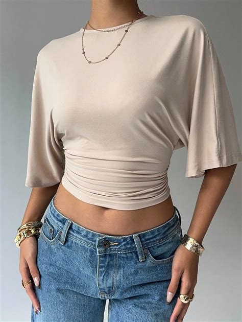 Aloruh Women's Solid Color Round Neck Batwing Sleeve Ruched Design ...