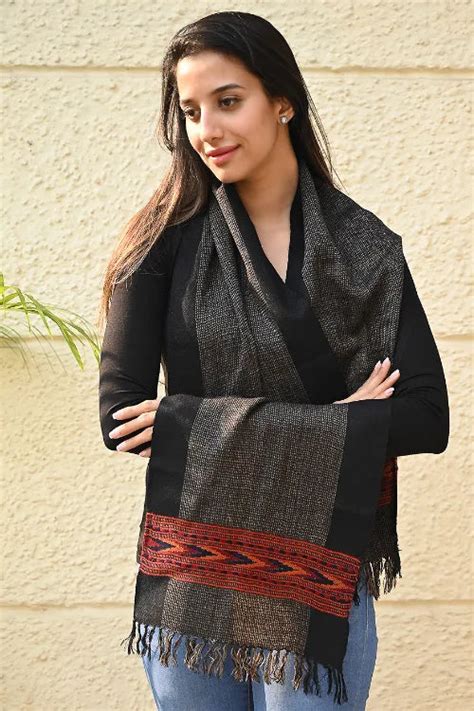 The ICH Exclusive Soft Himachal Wool Muffler With Woven Border - Smoke ...