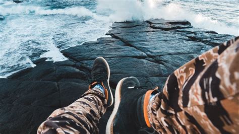 Wallpaper legs, waves, sneakers, rocks hd, picture, image