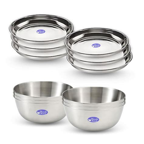 Buy Sharda Metals Stainless Steel 6 Plates and 6 Bowls Dinner Set, for ...
