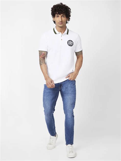 Spykar Men White Cotton Slim Fit Half Sleeve Polo Neck Plain Tshirt