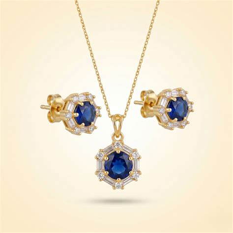 Royal Sapphire Halo Pendant & Stud Earring Set – Gold-Toned Crysta ...