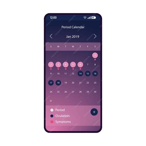 Period calendar smartphone interface vector template female mobile ...