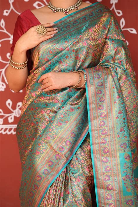 Buy Tranquil Aqueous Banarasi Tanchoi Silk Saree - House Of Elegance ...