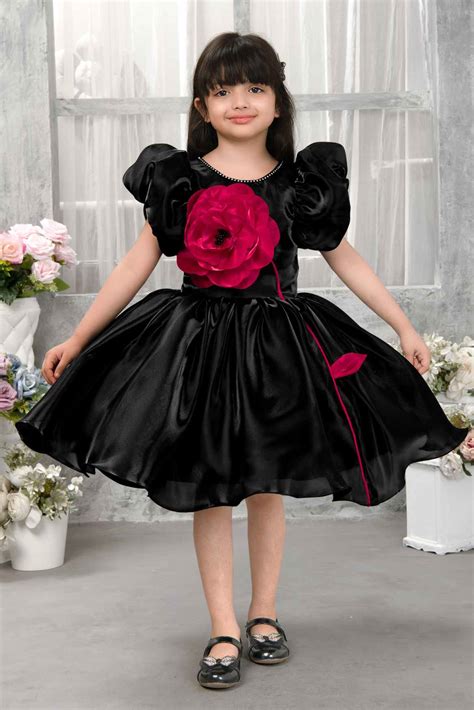 Black Satin Puff Sleeve Dress With 3D Red Flower For Girls – Lagorii Kids