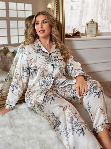 LuxeNights Plus Floral Print Contrast Piping Satin PJ Set – Dreamdiva ...