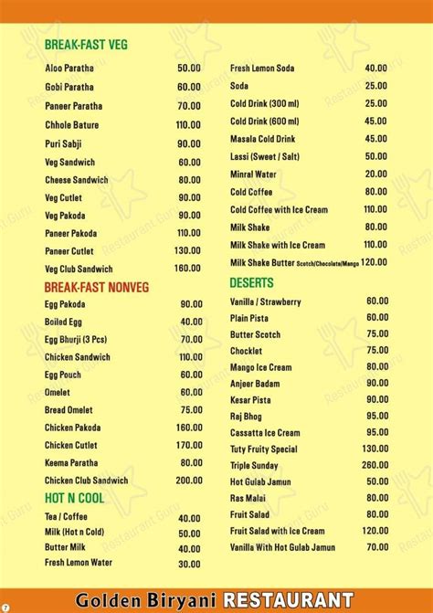 Menu at Golden Biriyani, Raipur