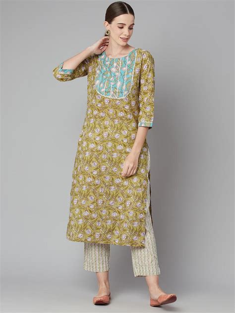 Divena Pastel green Floral Printed Cotton kurta Pant Set – divena world