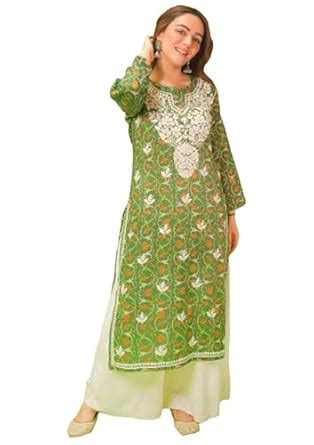 Buy GoSriKi Women's Rayon Blend Straight Chikankari Embroidered Kurta ...