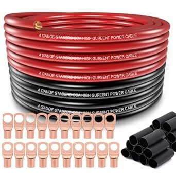 4 Gauge Wire (25ft Each- Black/Red) Copper Clad Aluminum CCA,10pcs Lugs ...