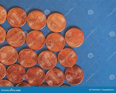One Cent Dollar Coins, United States Over Blue Stock Photo - Image of ...