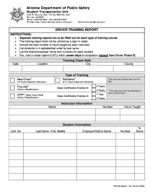Fillable Online studenttransportation azdps Driver Training Report ...