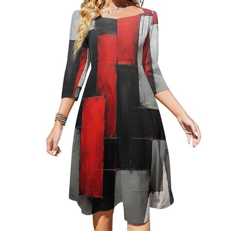 Geometric Modern Art Red Gray Black Women's Fall Dresses Casual Loose ...