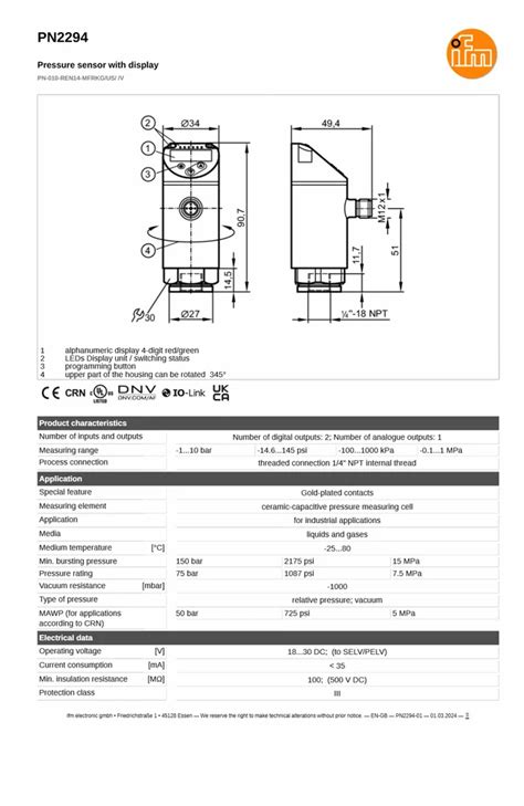 IFM PRESSURE SENSOR - IFM PN2294 PN-010-REN14-MFRKG/US/ /V Pressure ...