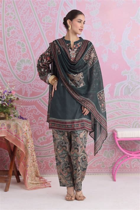 House Of Kari(Chikankari Clothing) - Emerald Green Printed Shimmer Lawn ...