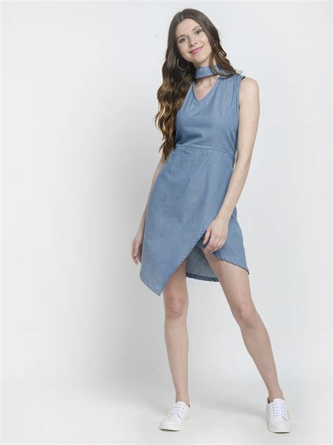 Alable Denim Blue Criss Cross Tie Back Mini Dress