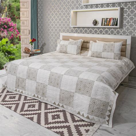 Beige & White Color Hand Block Printed Katha Bedcover with 2 Pillow
