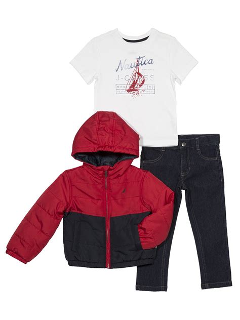 Nautica Boys' Toddler Color Block Puffer Jacket, Tee and Denim Pant Set ...