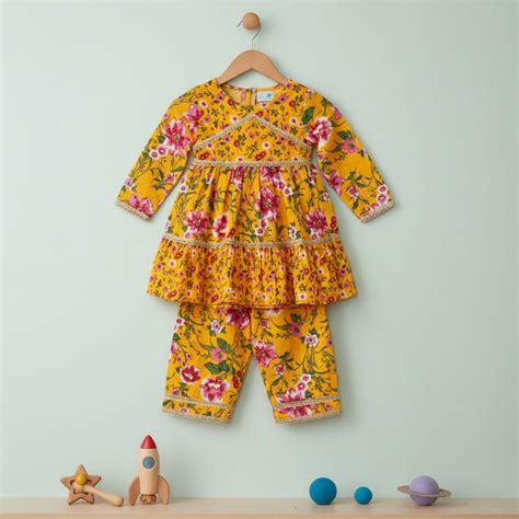 Baby Moo Big Floral Print Cotton Girls Two Piece Girls Kurta Pant Set ...