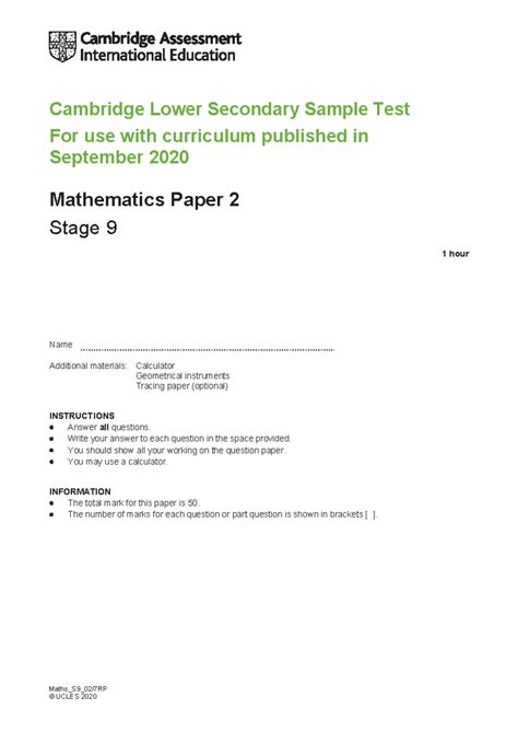 Cambridge Lower Secondary Math Sample Test Paper 2 (Stage 9) - Studocu