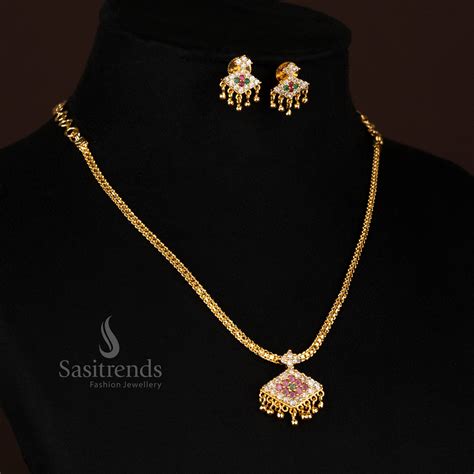 Micro Gold Plated One Gram AD Pendant Chain Set with Earrings - Sasitrends