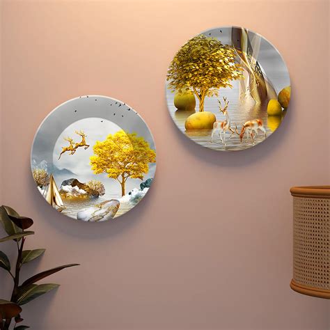 Pair of Golden Deer Ceramic Wall Hanging Plates Set of Two – Vibecrafts