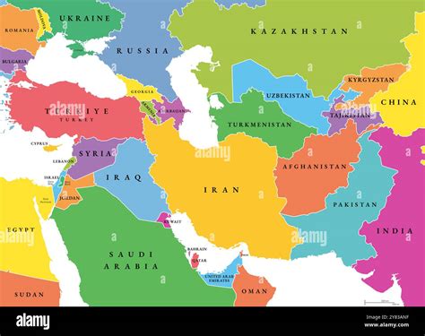 Southwest Asia, political map with multi colored silhouettes of single ...