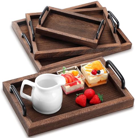 Amazon.com: Lallisa 4 Pcs Rustic Wooden Serving Trays with Handle ...
