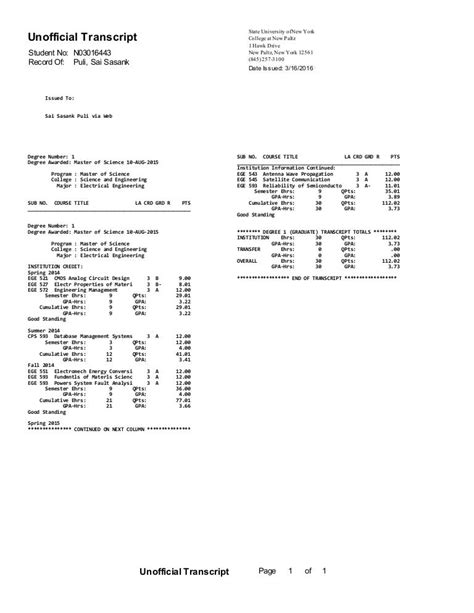 Image result for Example of Unofficial Transcript