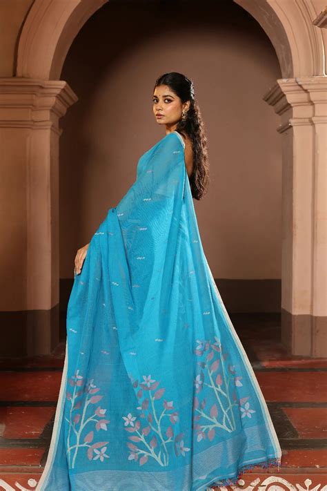 Handloom Firozi Pure Cotton Contemporary Jamdani Saree